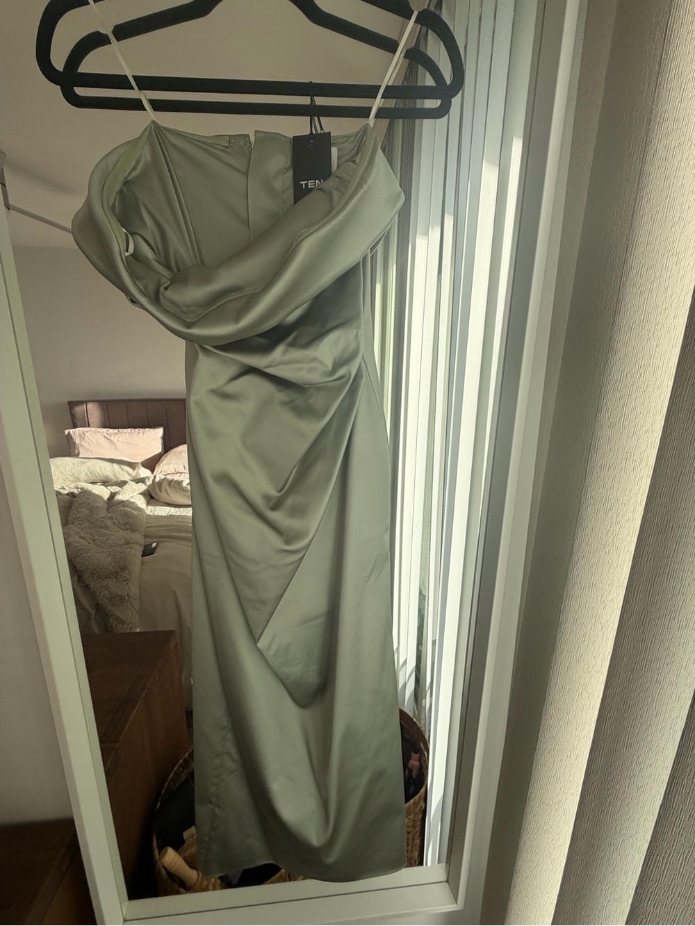 Aritzia Strapless Satin Dress in Silver Sage